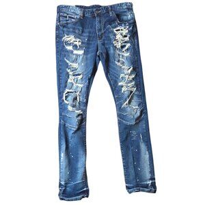 Mens Smoke Rise Distressed Rip and Repair Blue Denim Jeans Size 36/34